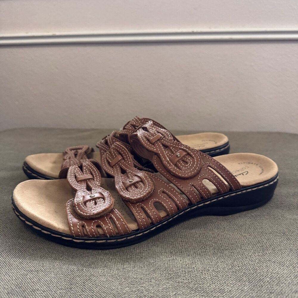 Clarks Leisa Faye Women’s 9W Brown Leather Lightweight Adjustable Slide Sandals - Picture 2 of 6